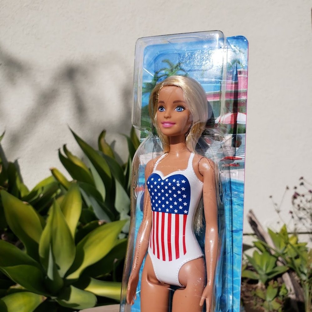 NEW Barbie Beach Doll Blonde Hair USA Flag Swimsuit Birthday gift stocking stuff